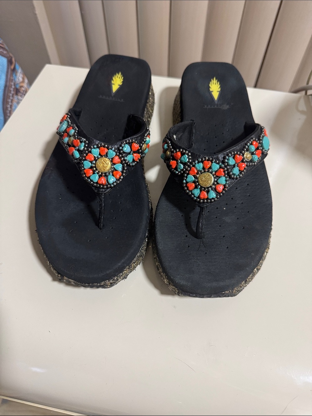 Women’s Southwestern Style Beaded Wedge Flip-Flops w/ Turquoise & Coral Accents